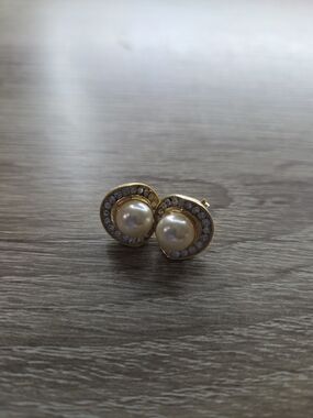Gold Pearl and Crystal Halo Stud Earrings
